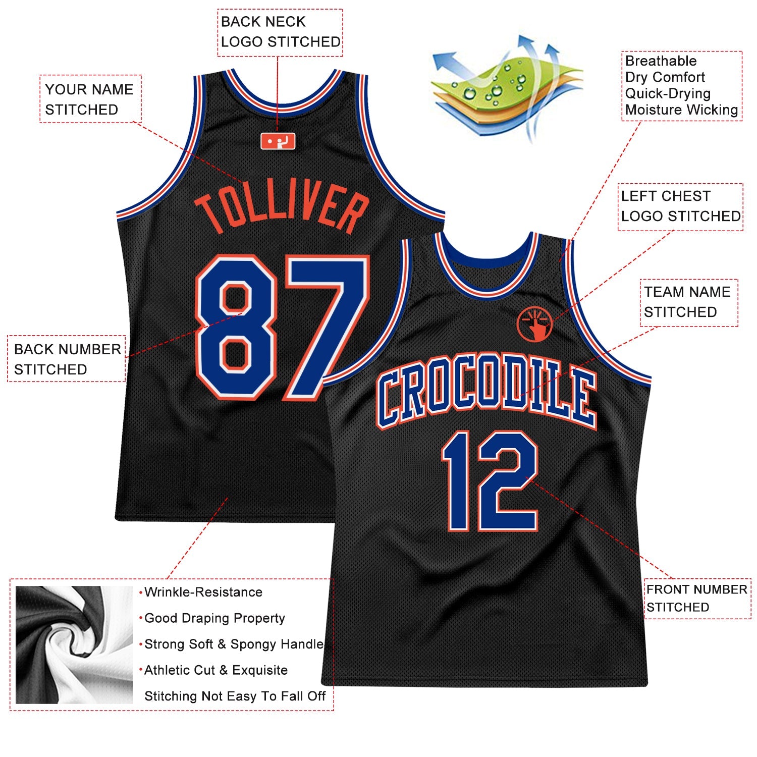 Custom Black Royal-Orange Authentic Throwback Basketball Jersey view 2