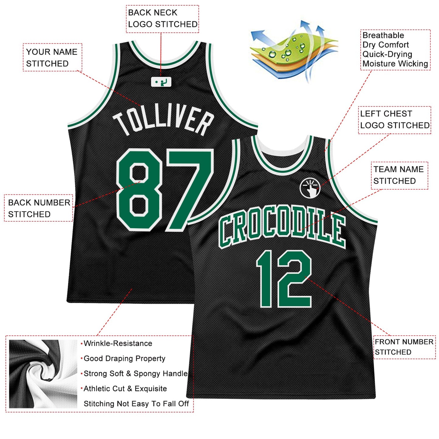 Custom Black Kelly Green-White Authentic Throwback Basketball Jersey view 3