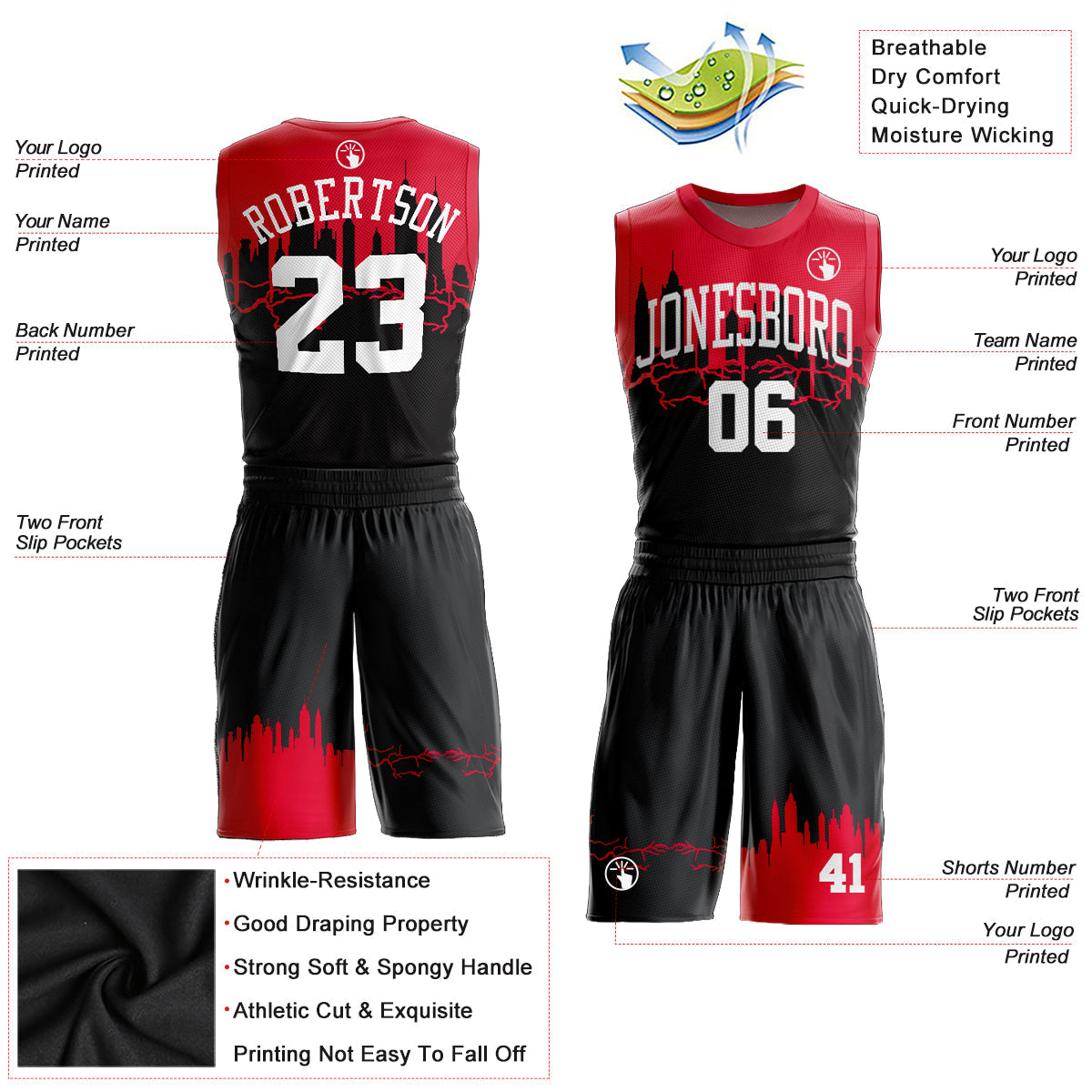 Custom Black White-Red Round Neck Sublimation Basketball Uniform Jersey view 2