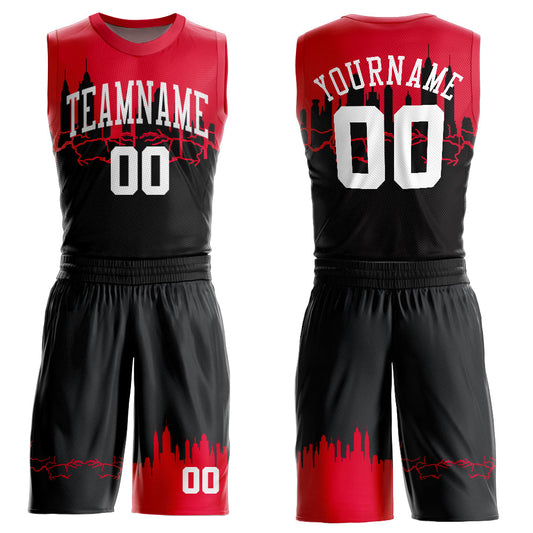 Custom Black White-Red Round Neck Sublimation Basketball Uniform Jersey - Main View