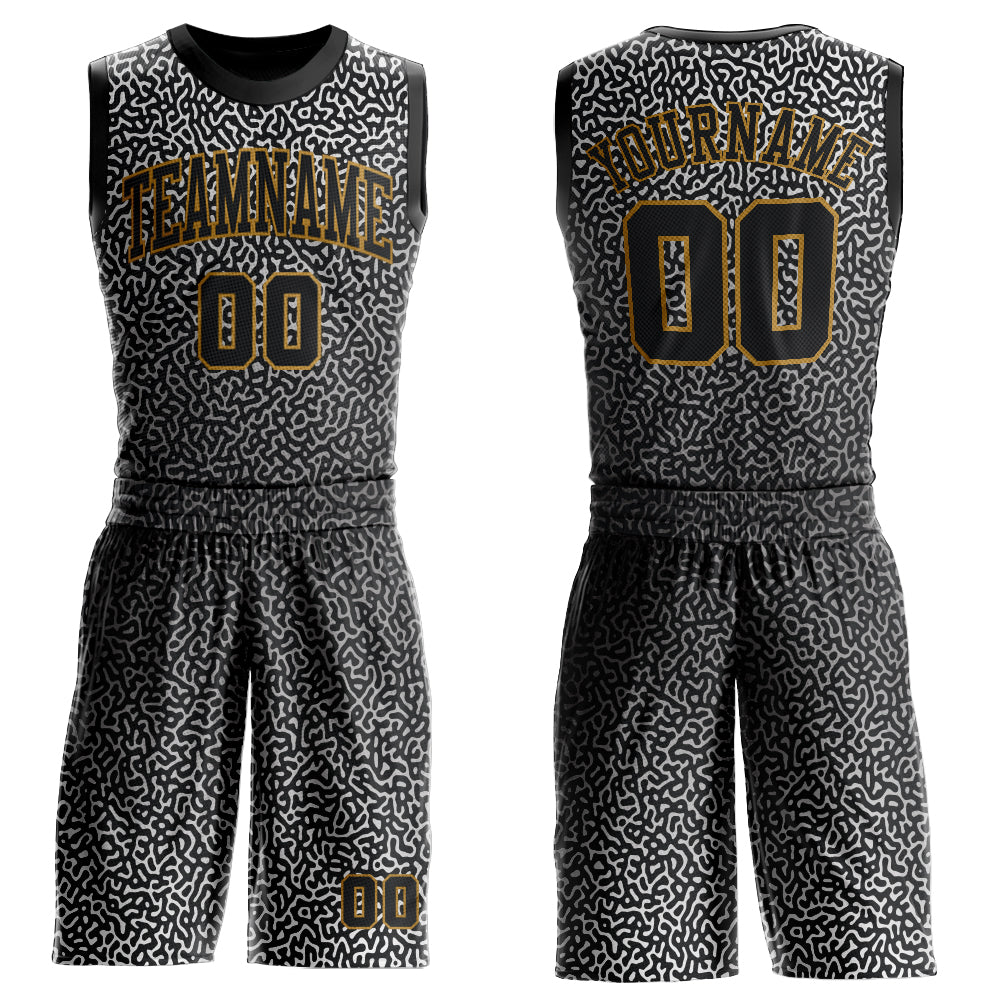 Custom Black Black-Old Gold Round Neck Sublimation Basketball Uniform Jersey - Main View