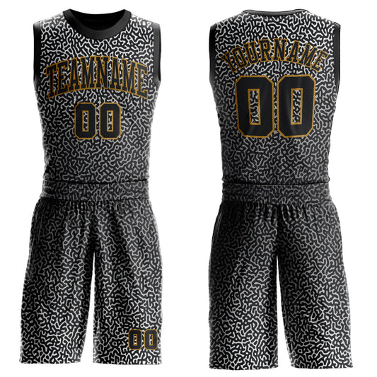 Custom Black Black-Old Gold Round Neck Sublimation Basketball Uniform Jersey - Main View
