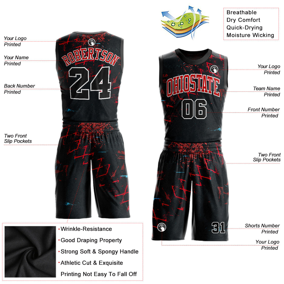 Custom Black Black-Red Round Neck Sublimation Basketball Uniform Jersey view 2