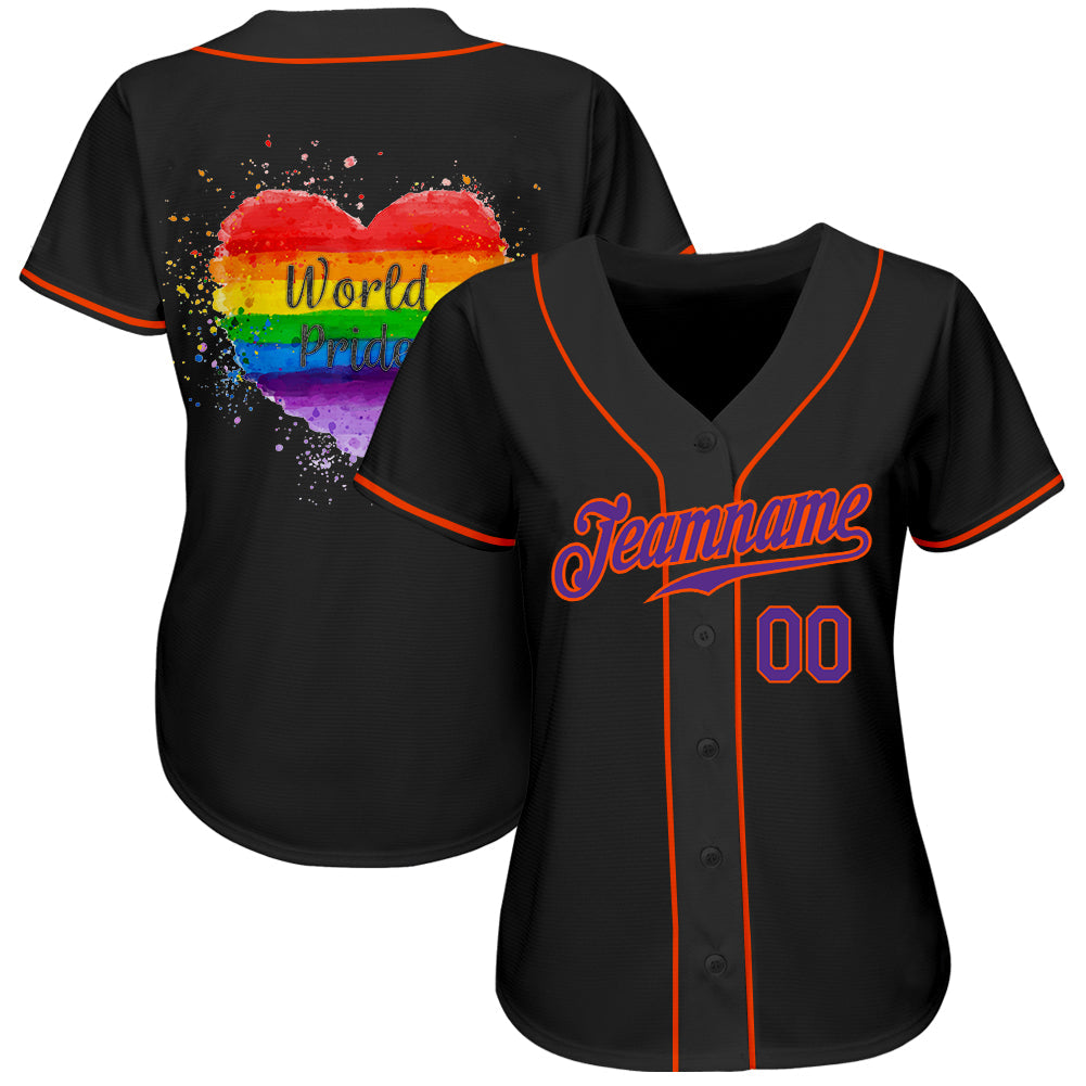 Custom Black Purple-Orange Rainbow Colored Heart For World Pride LGBT Authentic Baseball Jersey view 3