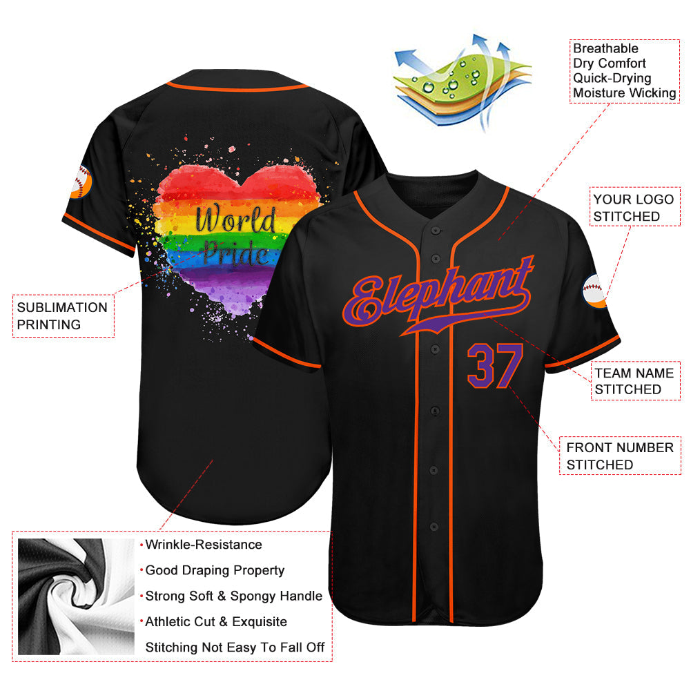 Custom Black Purple-Orange Rainbow Colored Heart For World Pride LGBT Authentic Baseball Jersey view 4