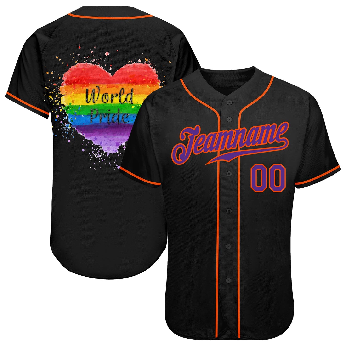 Custom Black Purple-Orange Rainbow Colored Heart For World Pride LGBT Authentic Baseball Jersey - Main View