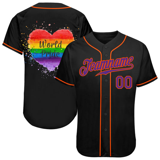 Custom Black Purple-Orange Rainbow Colored Heart For World Pride LGBT Authentic Baseball Jersey - Main View