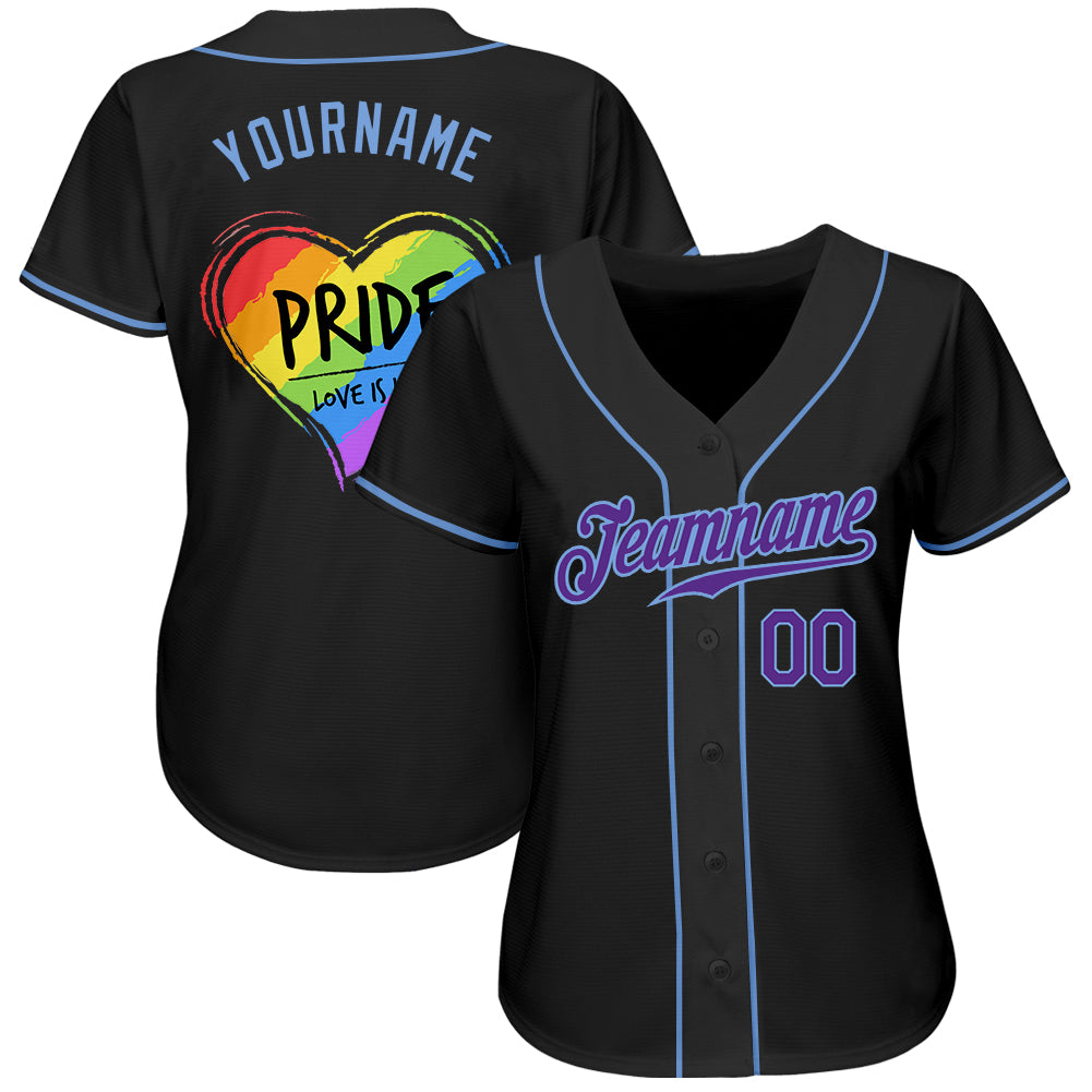 Custom Black Purple-Light Blue Rainbow Colored Heart For Pride Love Is Love LGBT Authentic Baseball Jersey view 3