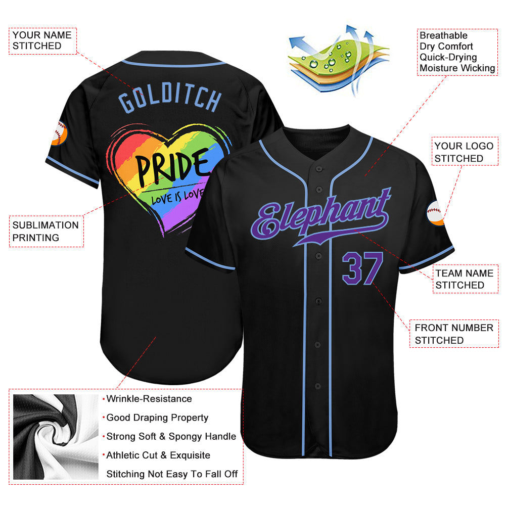 Custom Black Purple-Light Blue Rainbow Colored Heart For Pride Love Is Love LGBT Authentic Baseball Jersey view 4