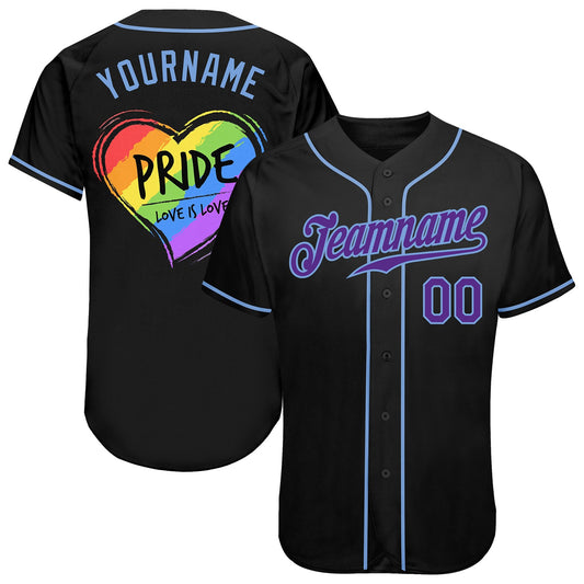 Custom Black Purple-Light Blue Rainbow Colored Heart For Pride Love Is Love LGBT Authentic Baseball Jersey - Main View