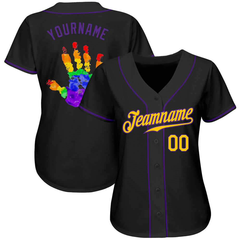 Custom Black Gold-Purple Rainbow Colored Hand For Pride LGBT Authentic Baseball Jersey view 3