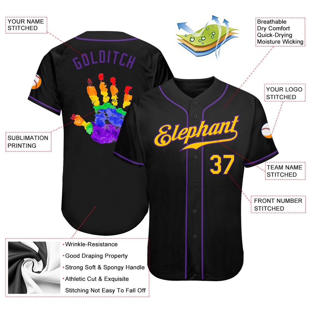 Custom Black Gold-Purple Rainbow Colored Hand For Pride LGBT Authentic Baseball Jersey view 4