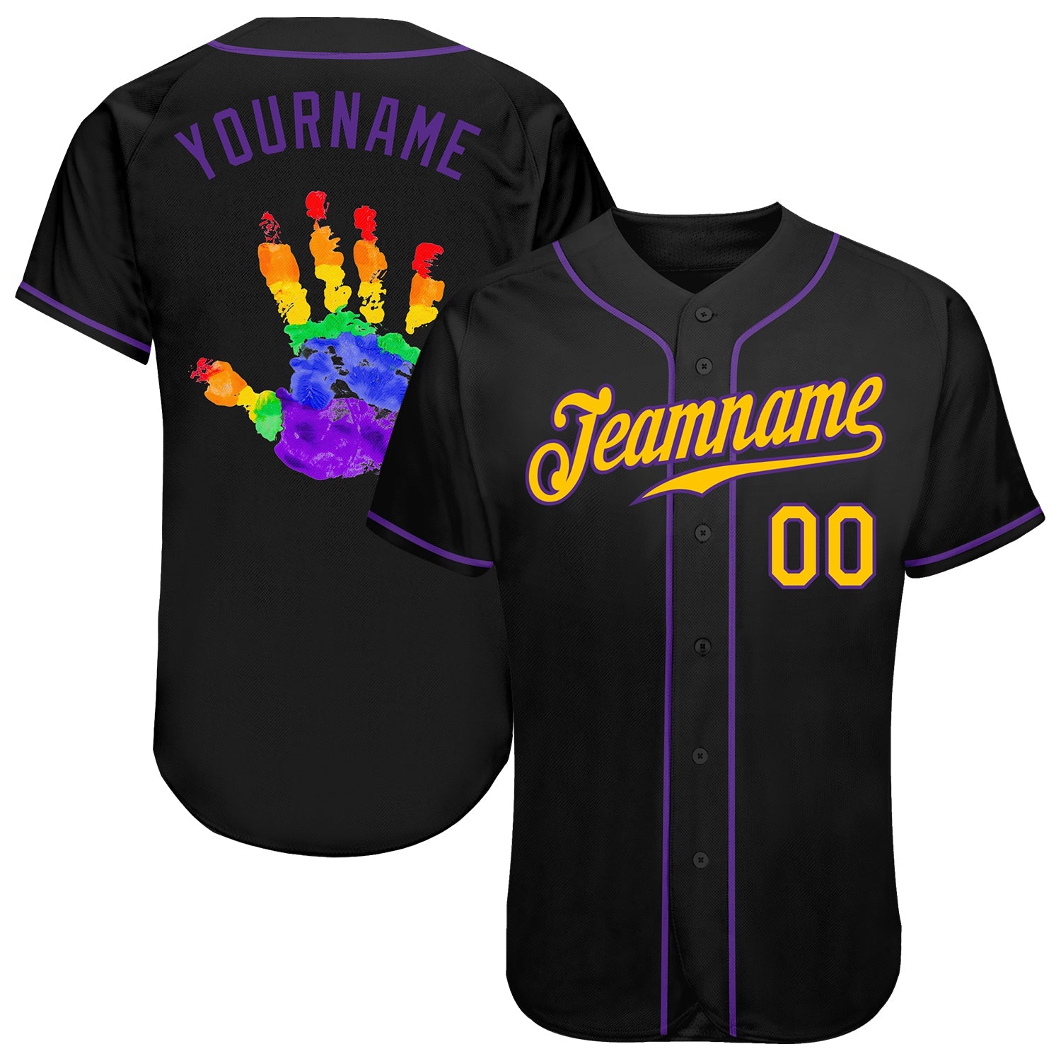 Custom Black Gold-Purple Rainbow Colored Hand For Pride LGBT Authentic Baseball Jersey - Main View