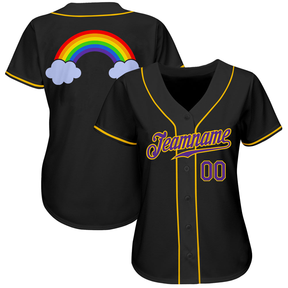 Custom Black Purple-Gold Rainbow For Pride LGBT Authentic Baseball Jersey view 3