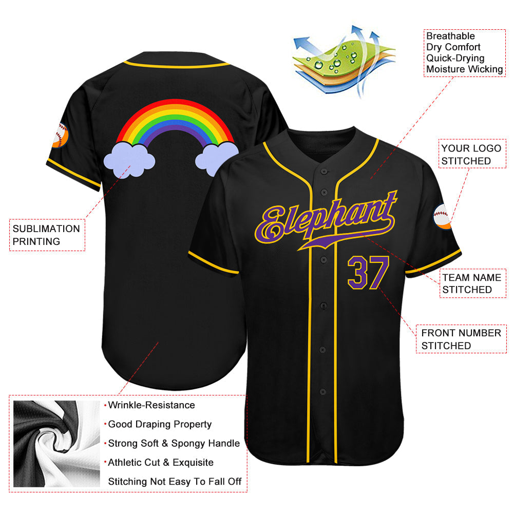 Custom Black Purple-Gold Rainbow For Pride LGBT Authentic Baseball Jersey view 4