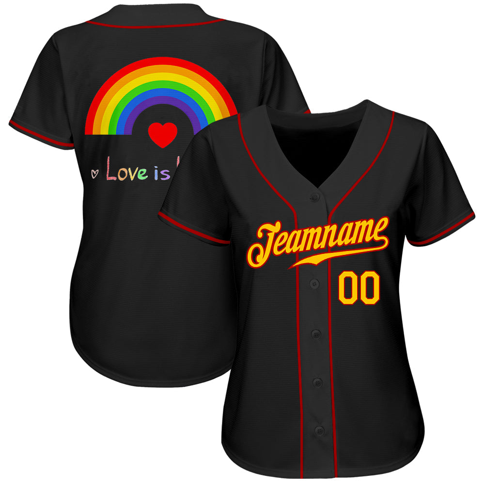 Custom Black Gold-Red Rainbow For Pride Month Love Is Love LGBT Authentic Baseball Jersey view 3