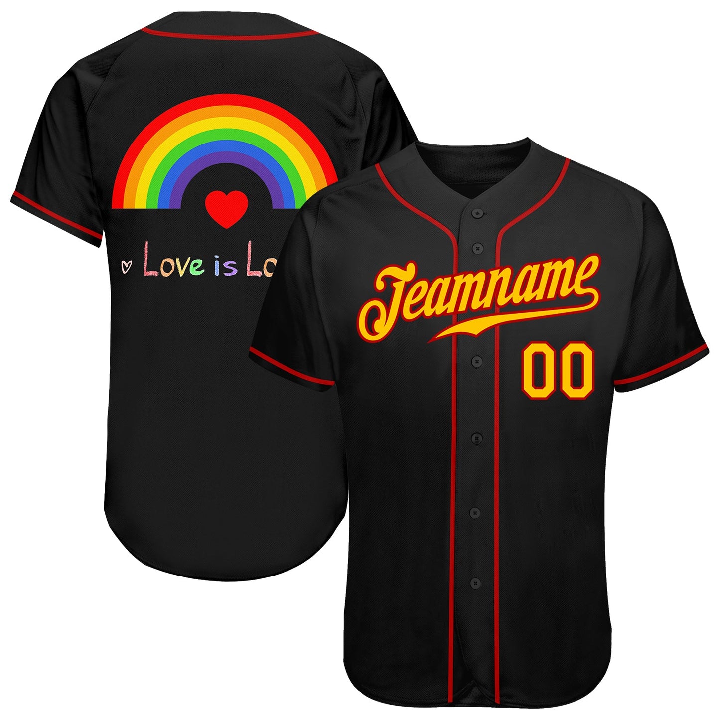 Custom Black Gold-Red Rainbow For Pride Month Love Is Love LGBT Authentic Baseball Jersey - Main View