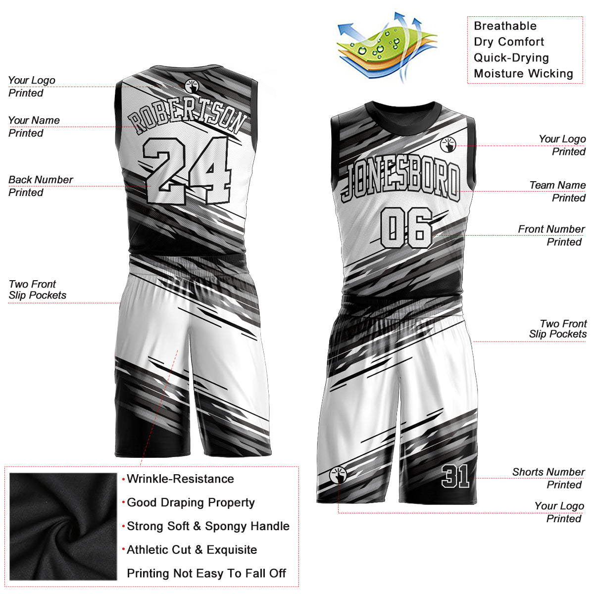 Custom Black White-Gray Round Neck Sublimation Basketball Uniform Jersey view 2