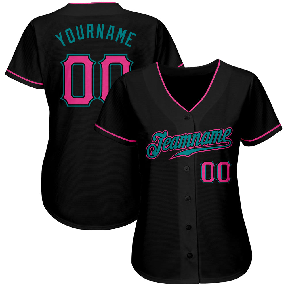Custom Black Pink-Teal Authentic Baseball Jersey view 2