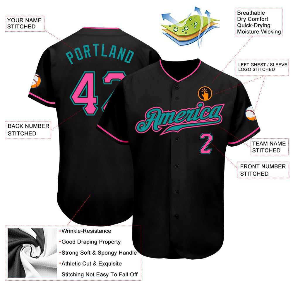 Custom Black Pink-Teal Authentic Baseball Jersey view 3