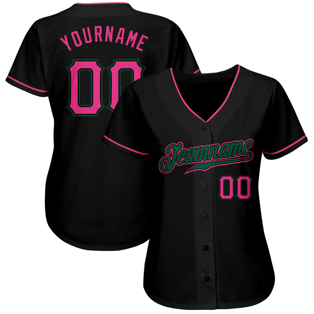 Custom Black Pink-Kelly Green Authentic Baseball Jersey view 2