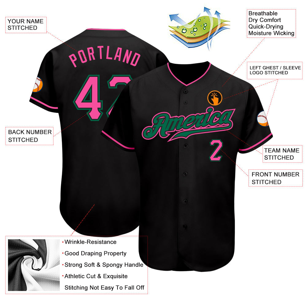Custom Black Pink-Kelly Green Authentic Baseball Jersey view 3