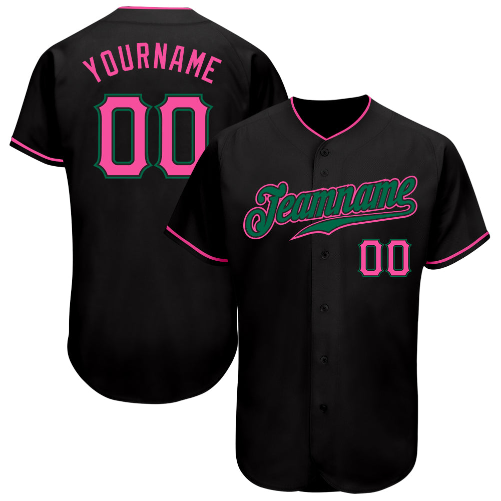 Custom Black Pink-Kelly Green Authentic Baseball Jersey - Main View