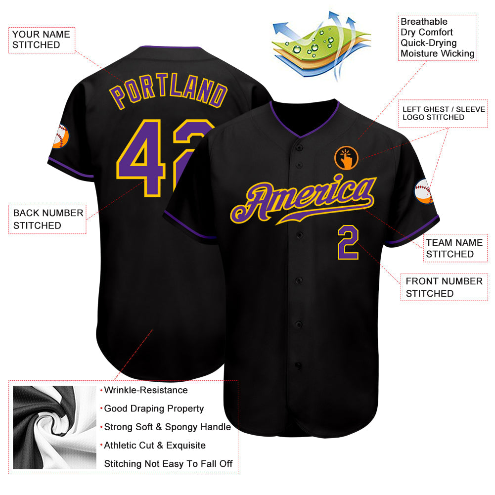 Custom Black Purple-Gold Authentic Baseball Jersey view 3