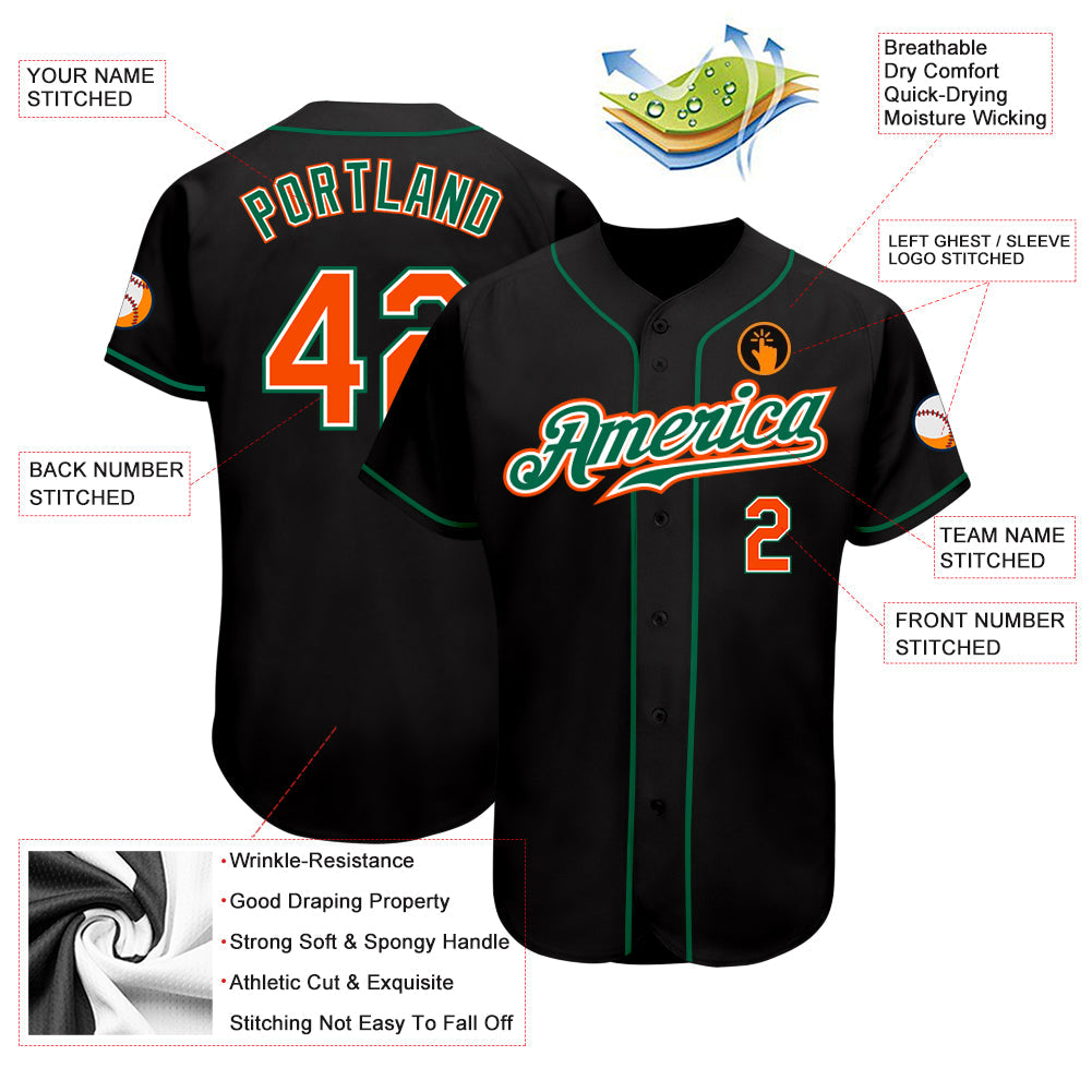Custom Black Orange-Kelly Green Authentic Baseball Jersey view 3