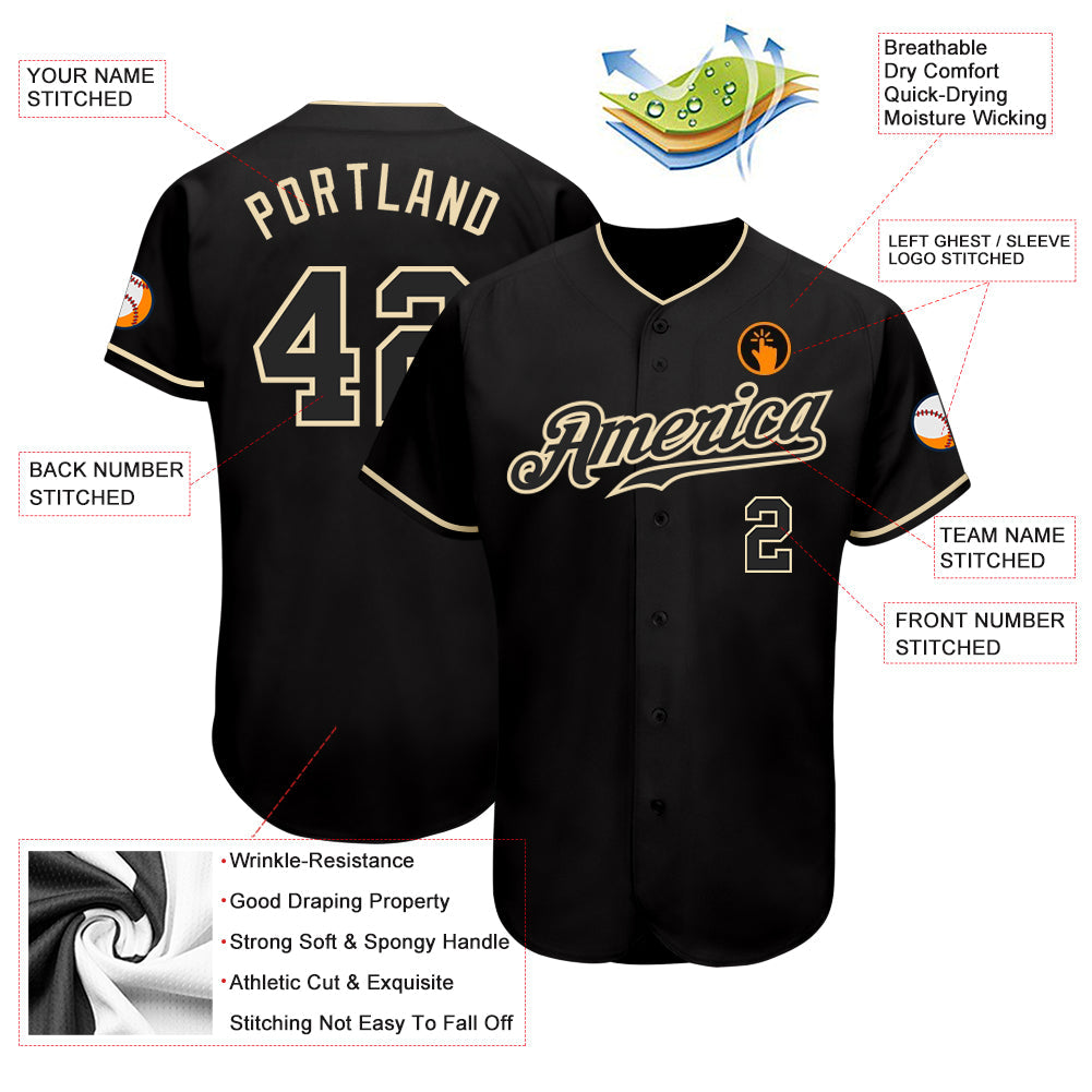 Custom Black Black-Cream Authentic Baseball Jersey view 3