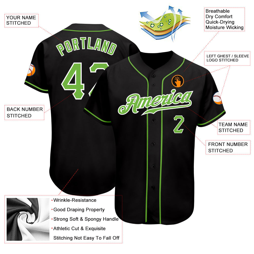 Custom Black Neon Green-White Authentic Baseball Jersey view 3