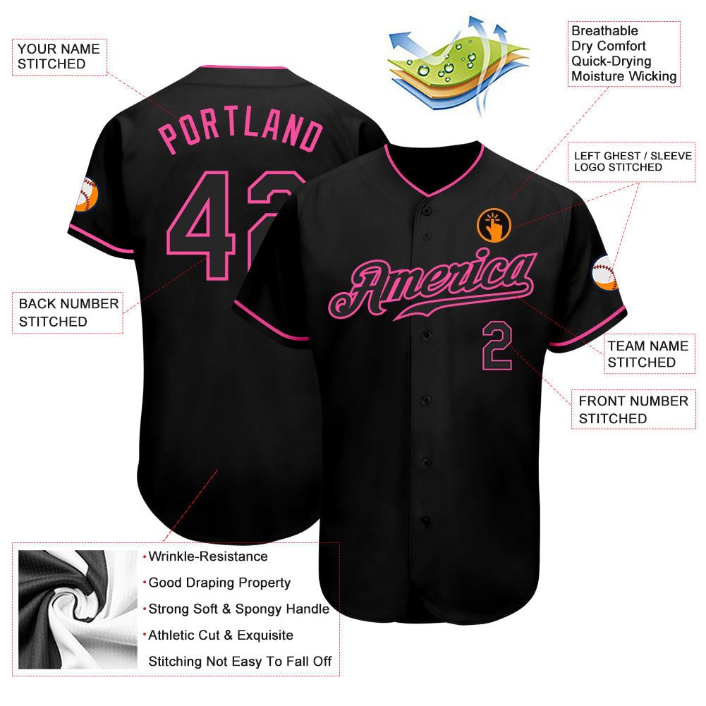 Custom Black Black-Pink Authentic Baseball Jersey view 3