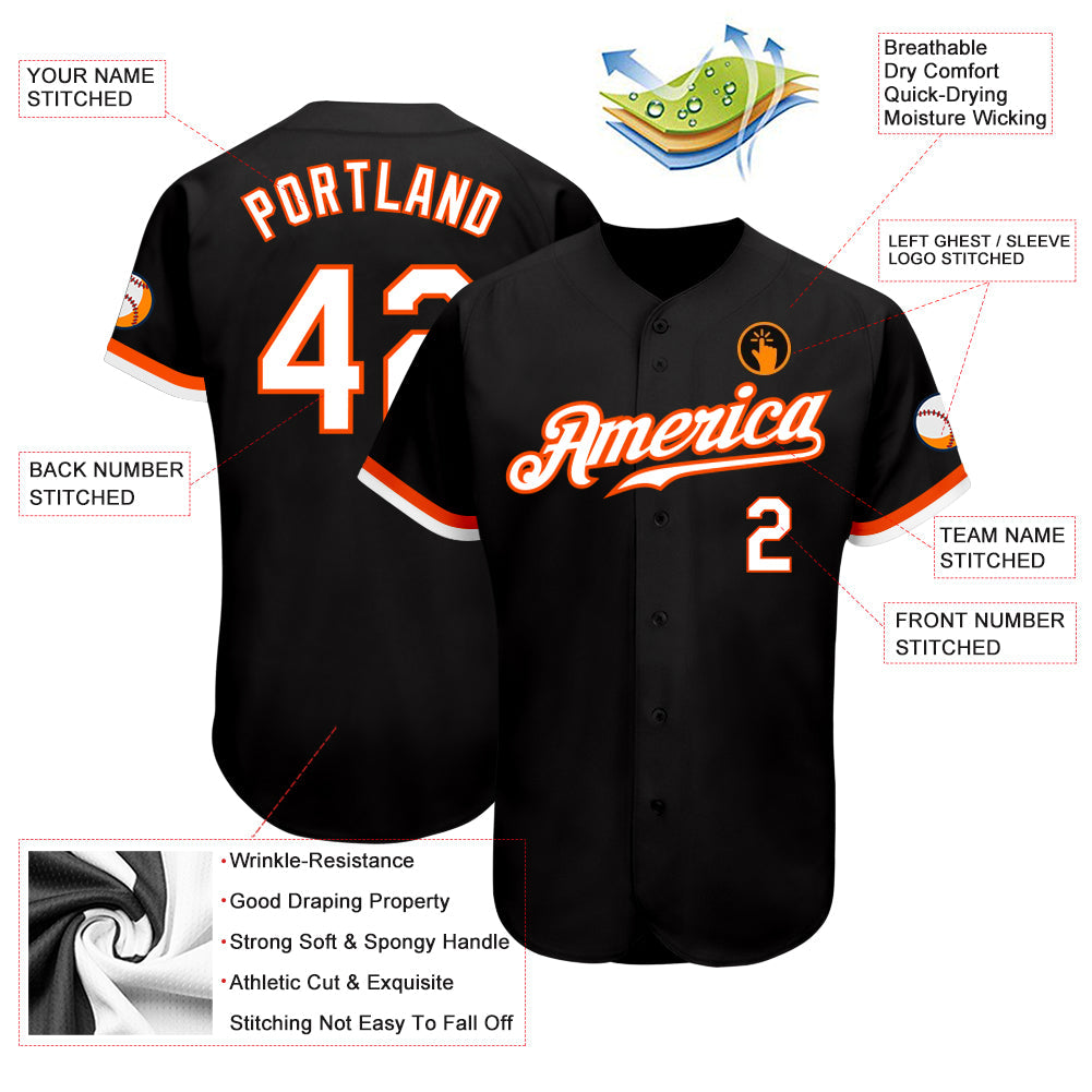Custom Black White-Orange Authentic Baseball Jersey view 3