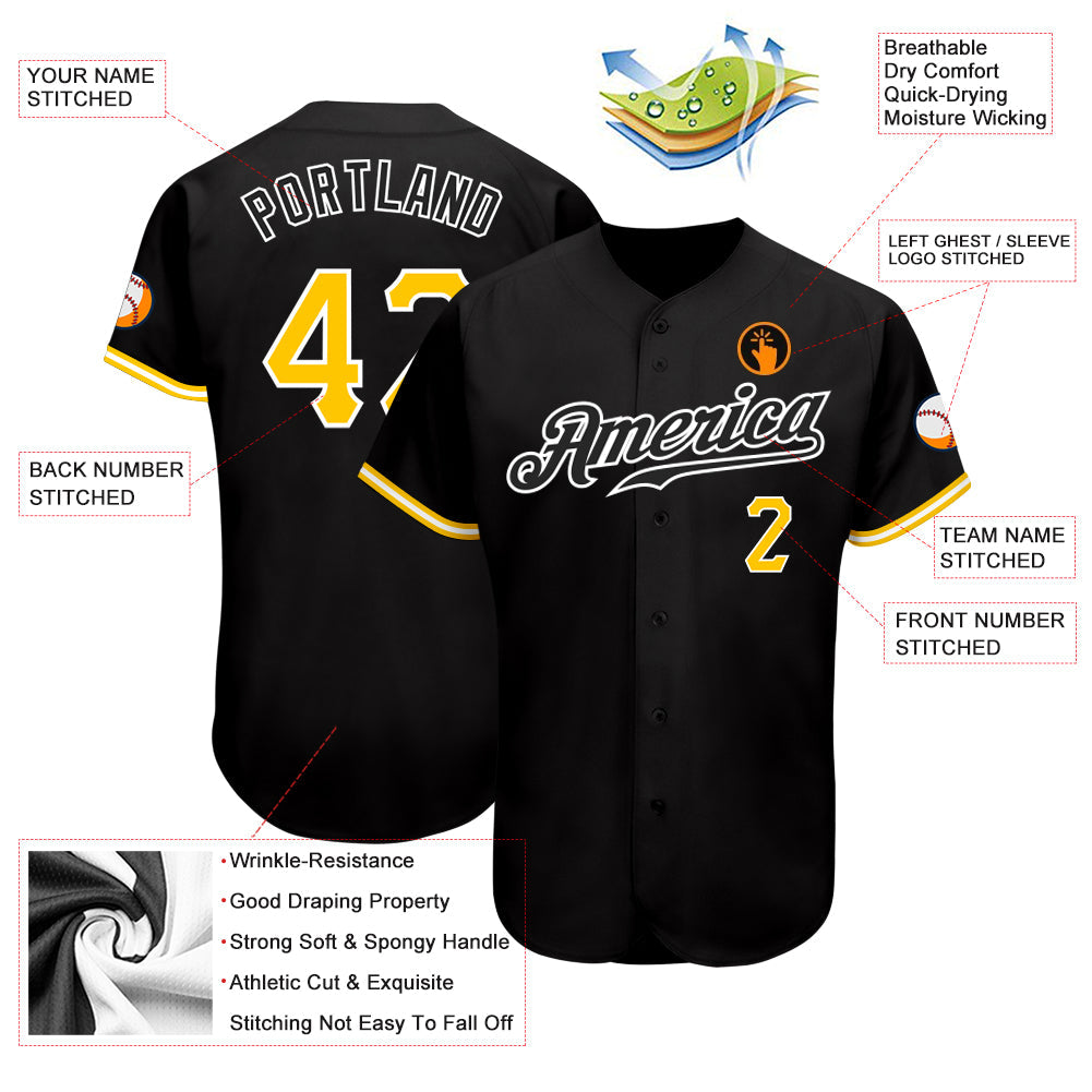 Custom Black Gold-White Authentic Baseball Jersey view 3