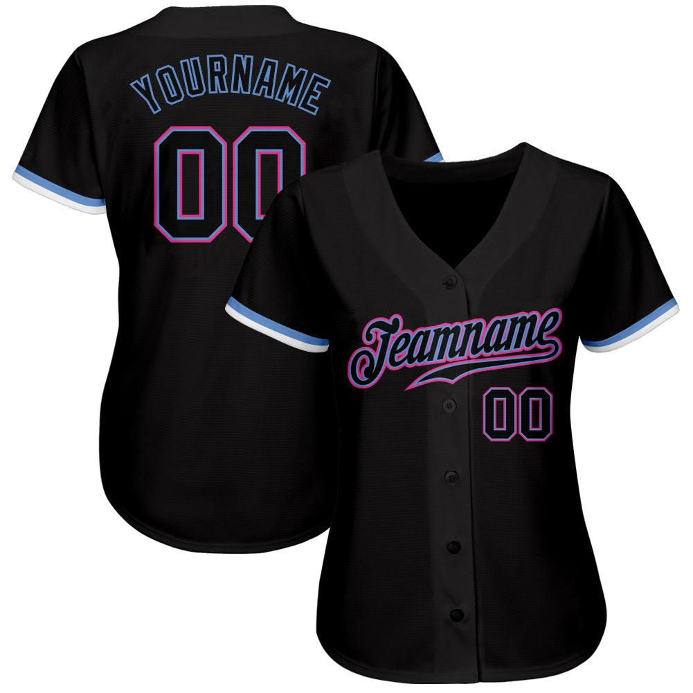 Custom Black Black Light Blue Pink-White Authentic Baseball Jersey view 2