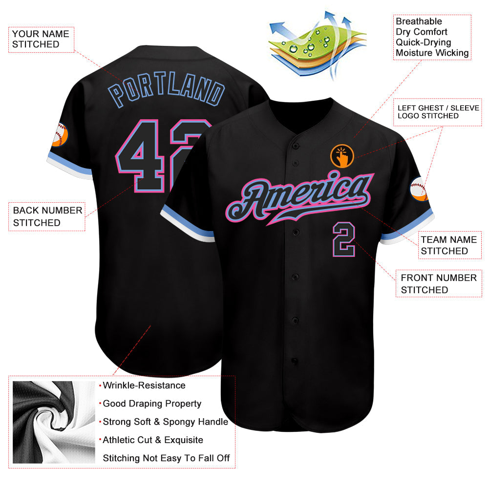 Custom Black Black Light Blue Pink-White Authentic Baseball Jersey view 3