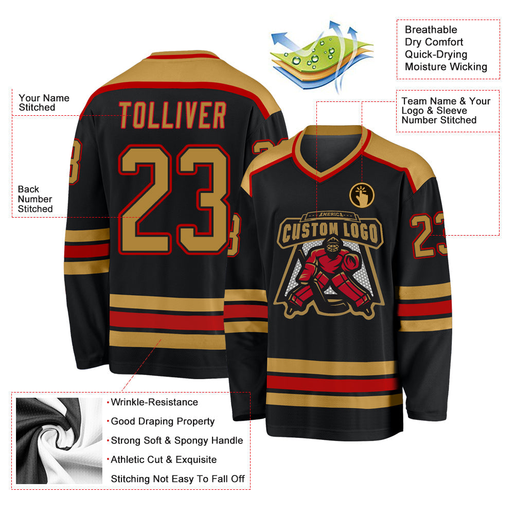Custom Black Old Gold-Red Hockey Jersey view 3