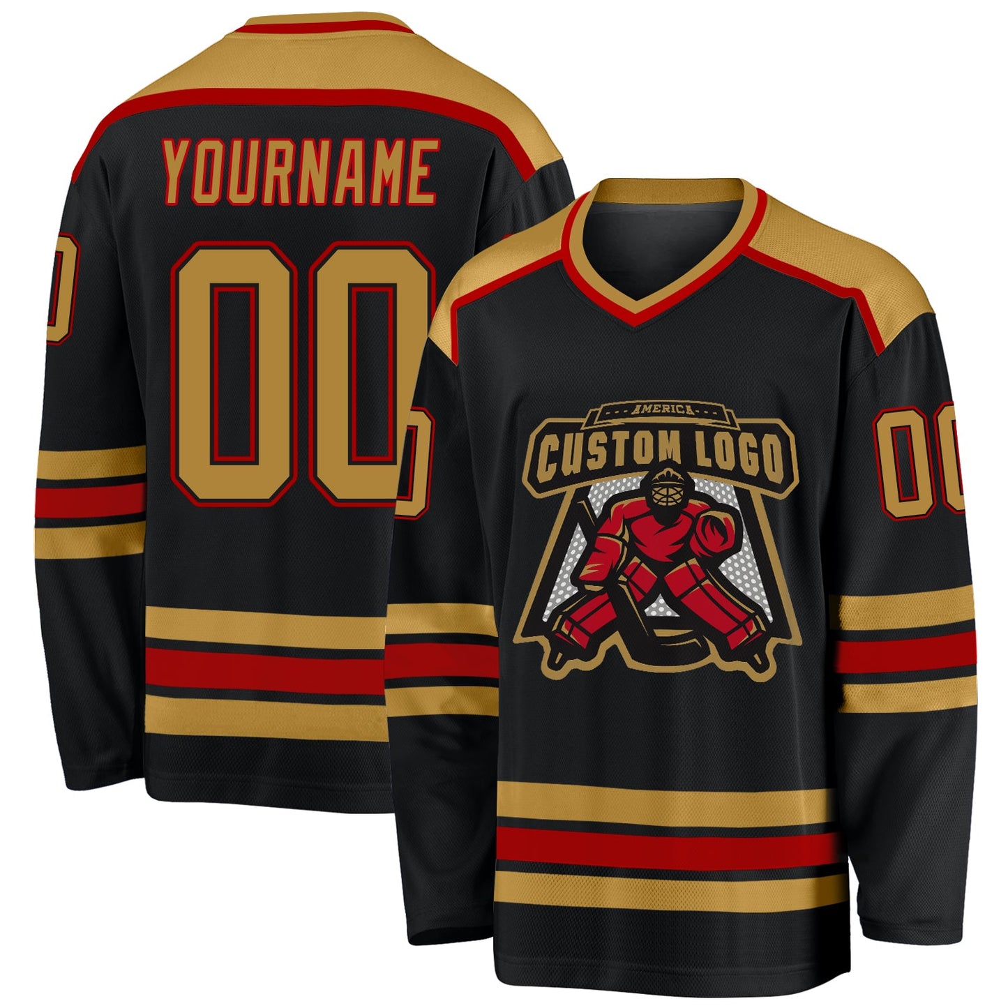 Custom Black Old Gold-Red Hockey Jersey - Main View