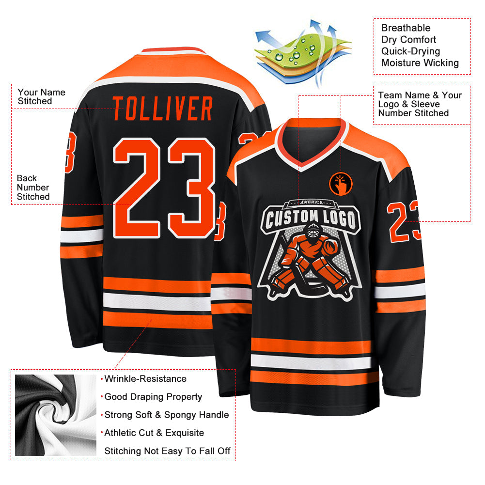 Custom Black Orange-White Hockey Jersey view 3
