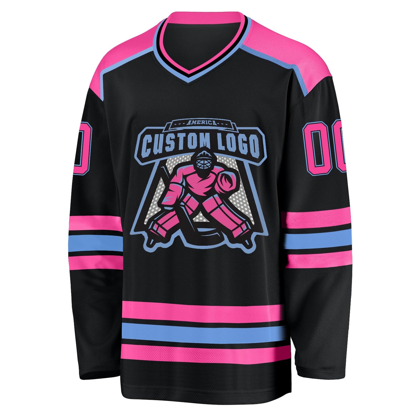 Custom Black Pink-Light Blue Hockey Jersey view 2