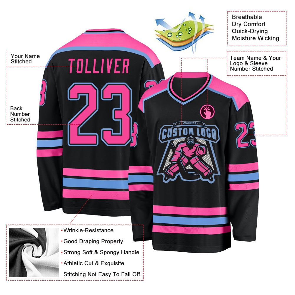 Custom Black Pink-Light Blue Hockey Jersey view 3