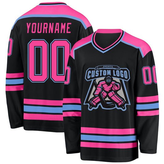 Custom Black Pink-Light Blue Hockey Jersey - Main View