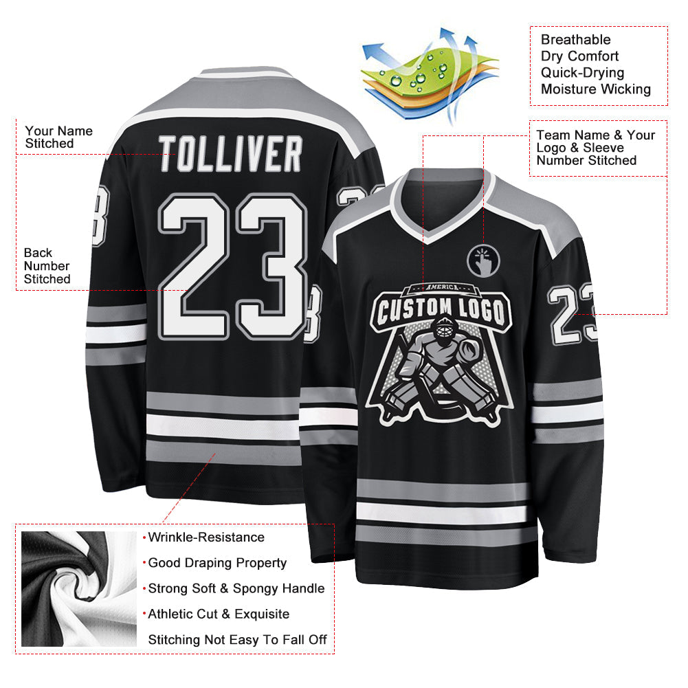 Custom Black White-Gray Hockey Jersey view 3