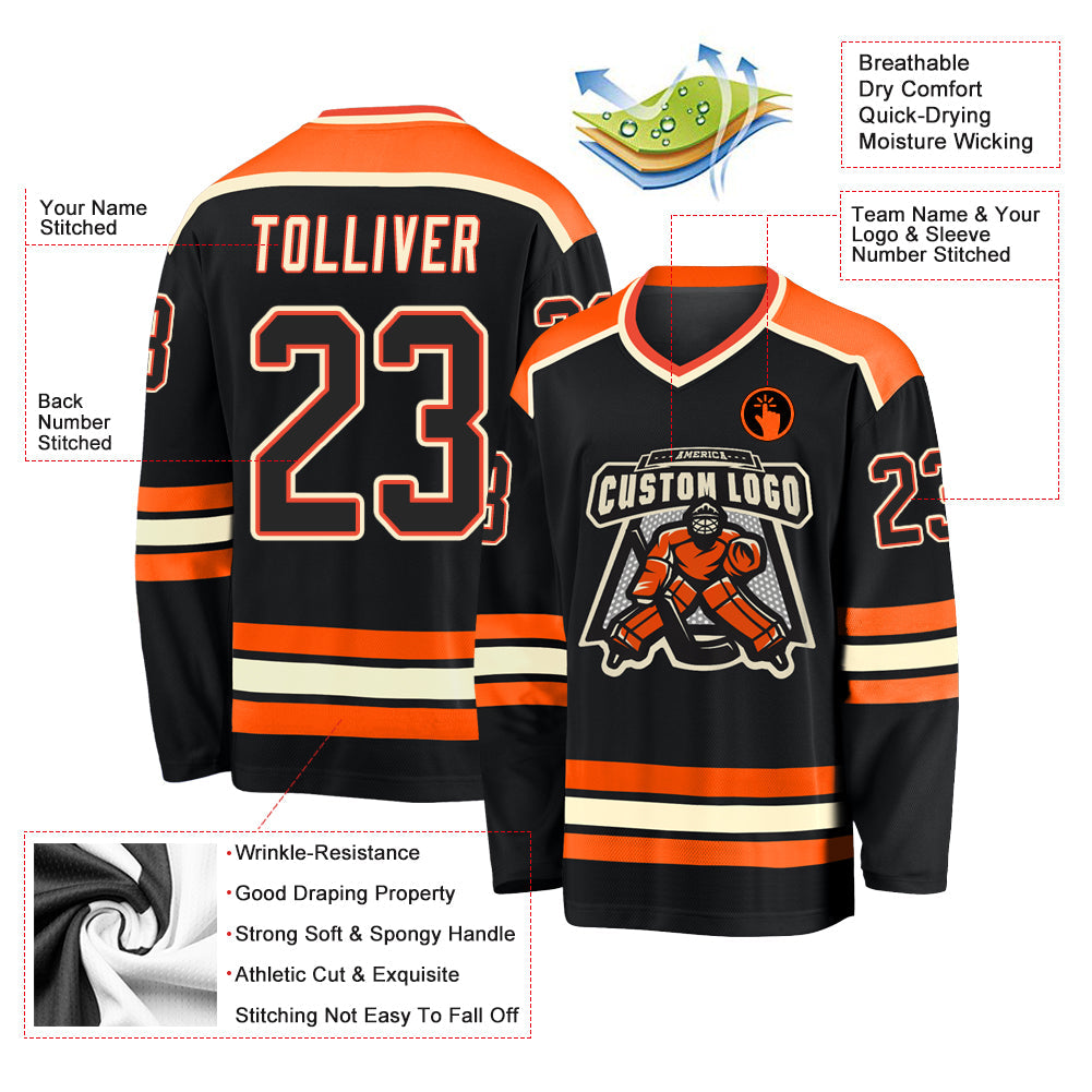 Custom Black Black Orange-Cream Hockey Jersey view 3