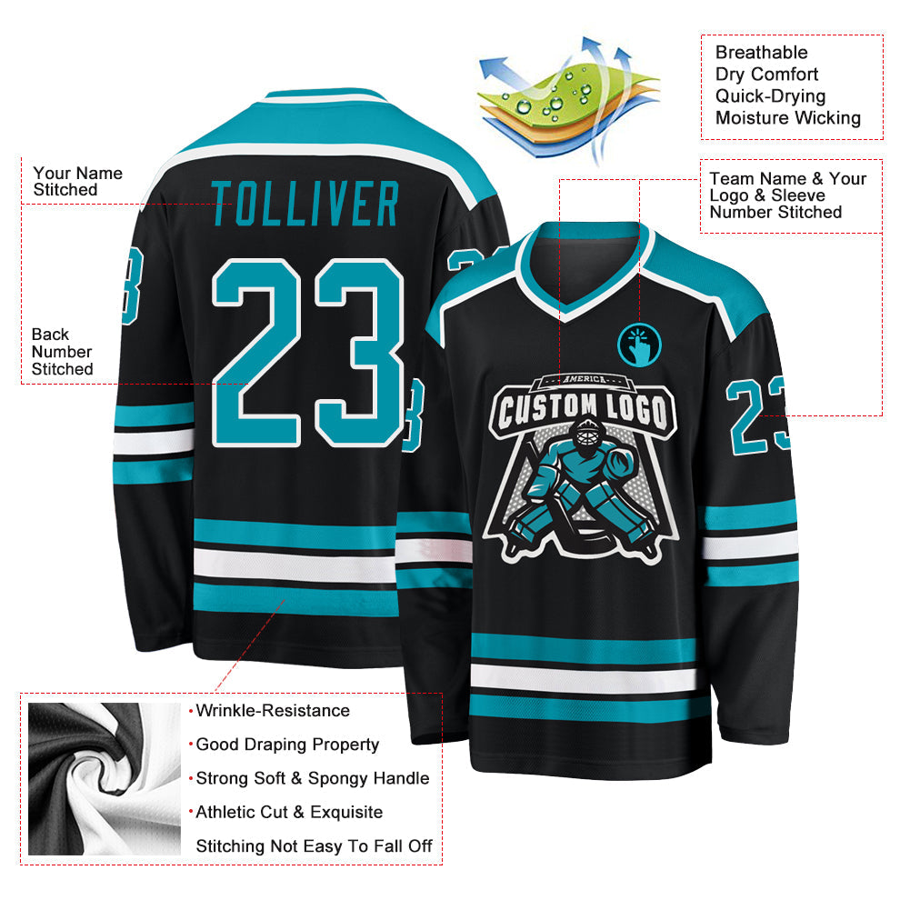 Custom Black Teal-White Hockey Jersey view 3