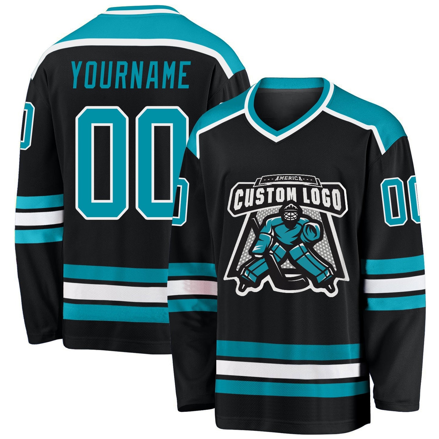 Custom Black Teal-White Hockey Jersey - Main View