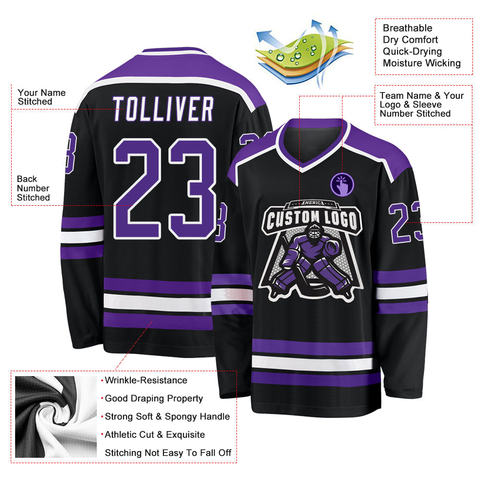 Custom Black Purple-White Hockey Jersey view 3