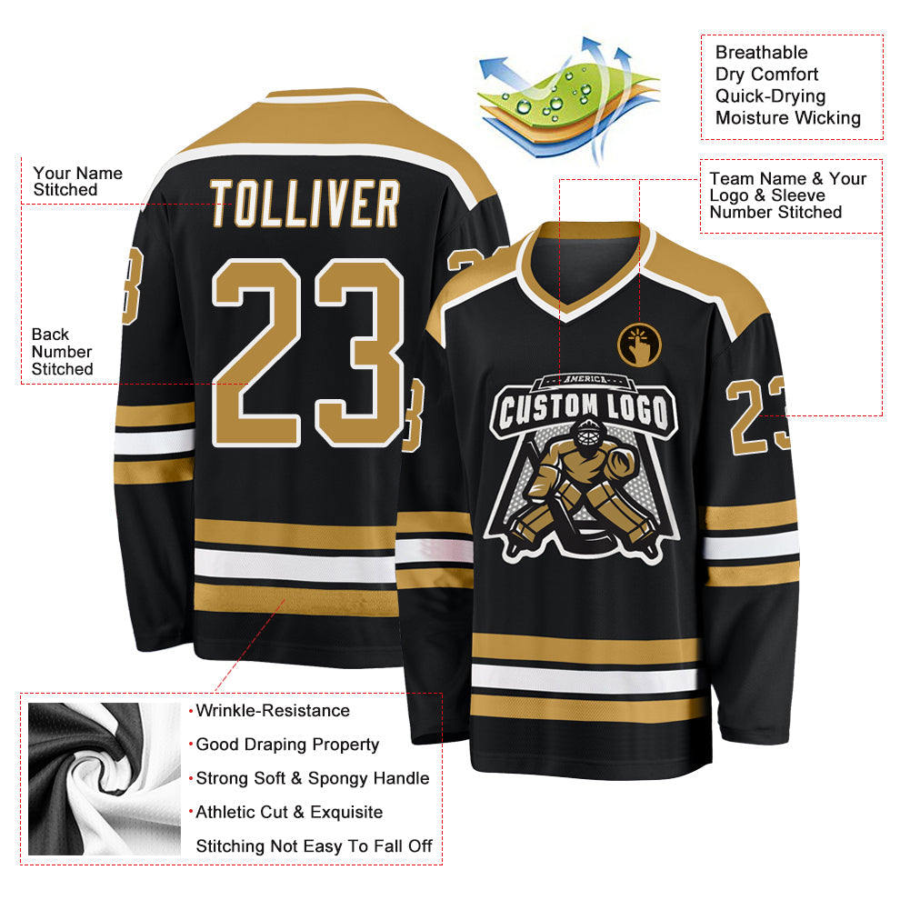 Custom Black Old Gold-White Hockey Jersey view 3