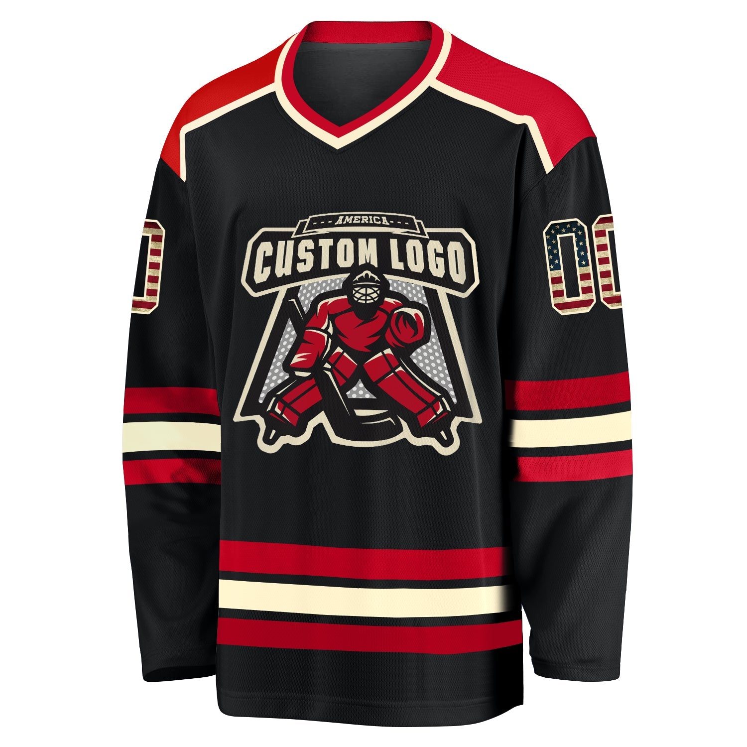 Custom Black Vintage USA Flag Cream-Red Hockey Jersey view 2
