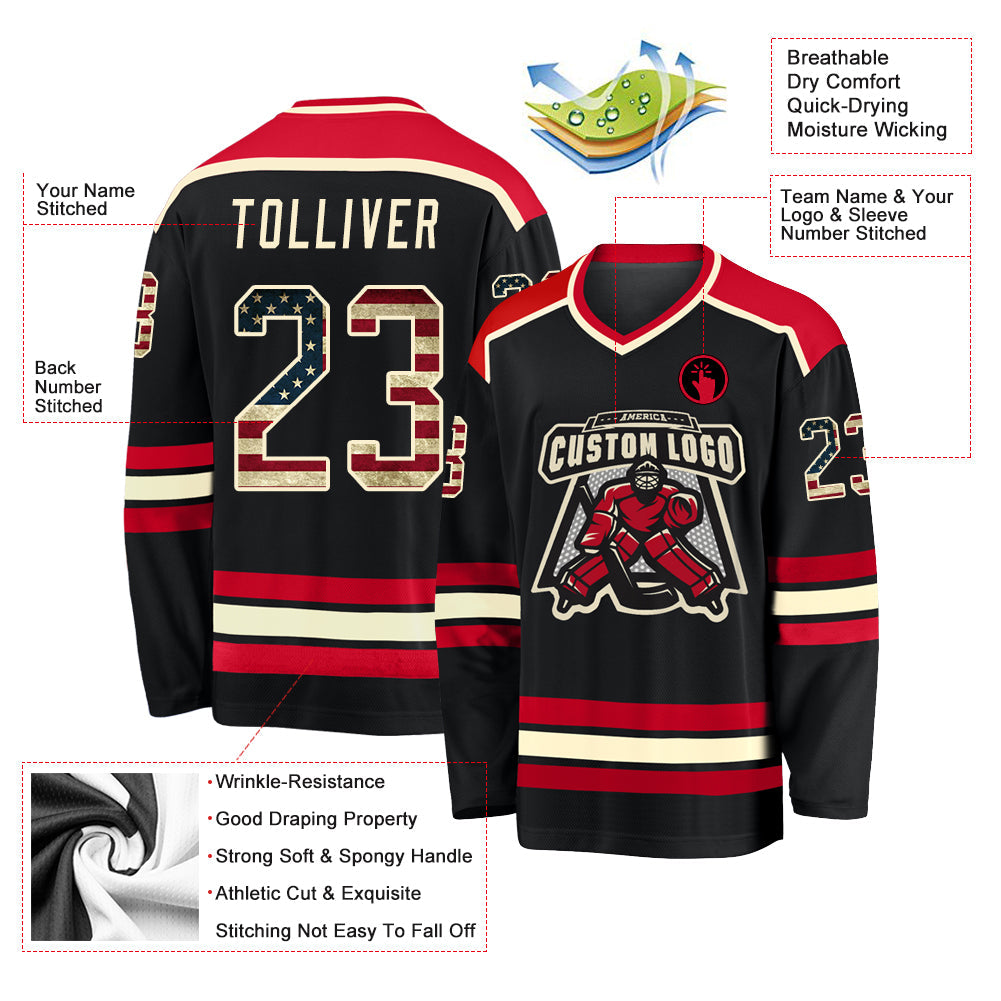 Custom Black Vintage USA Flag Cream-Red Hockey Jersey view 3